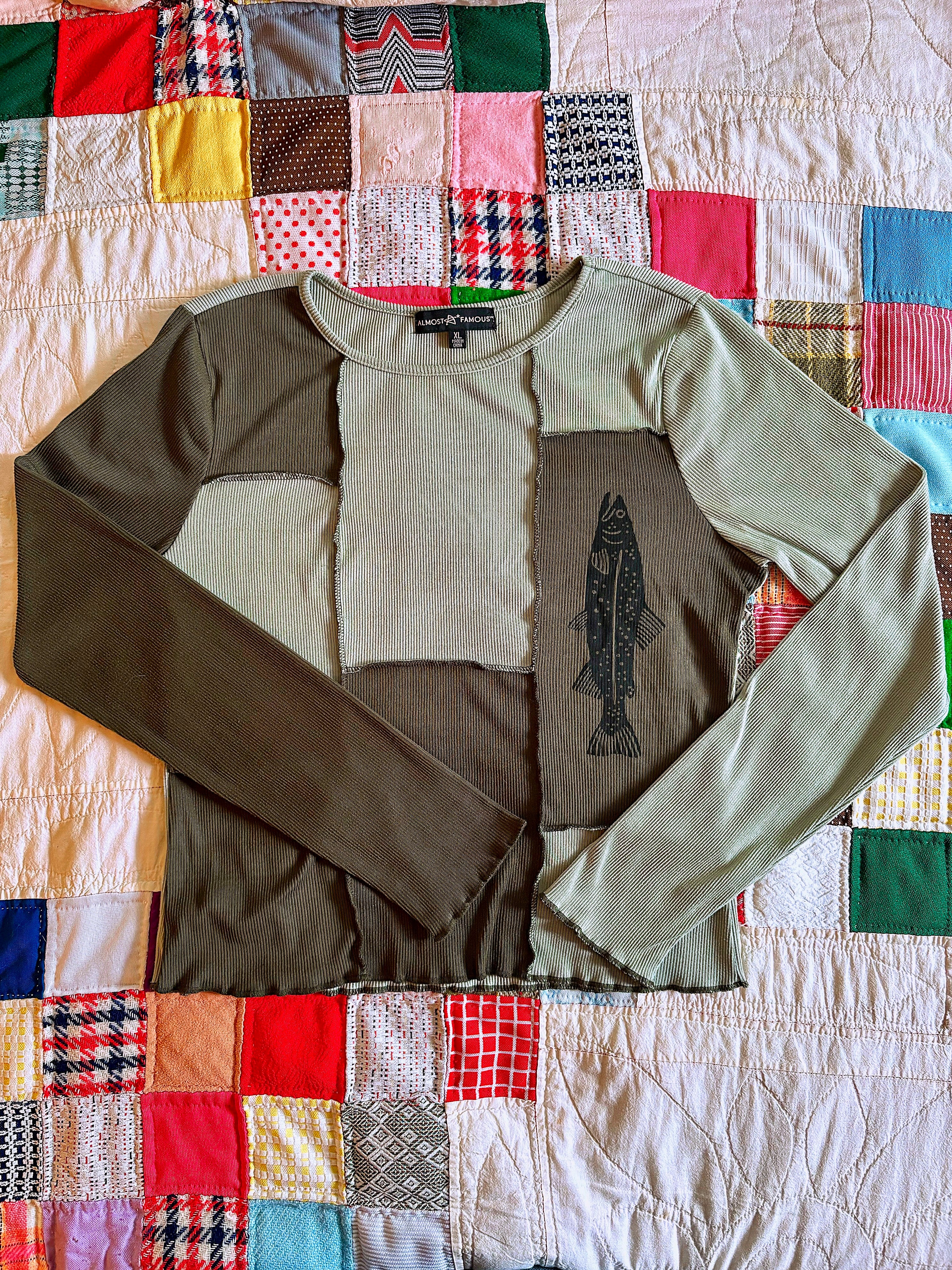Green Patchwork Trout Long Sleeve Tee
