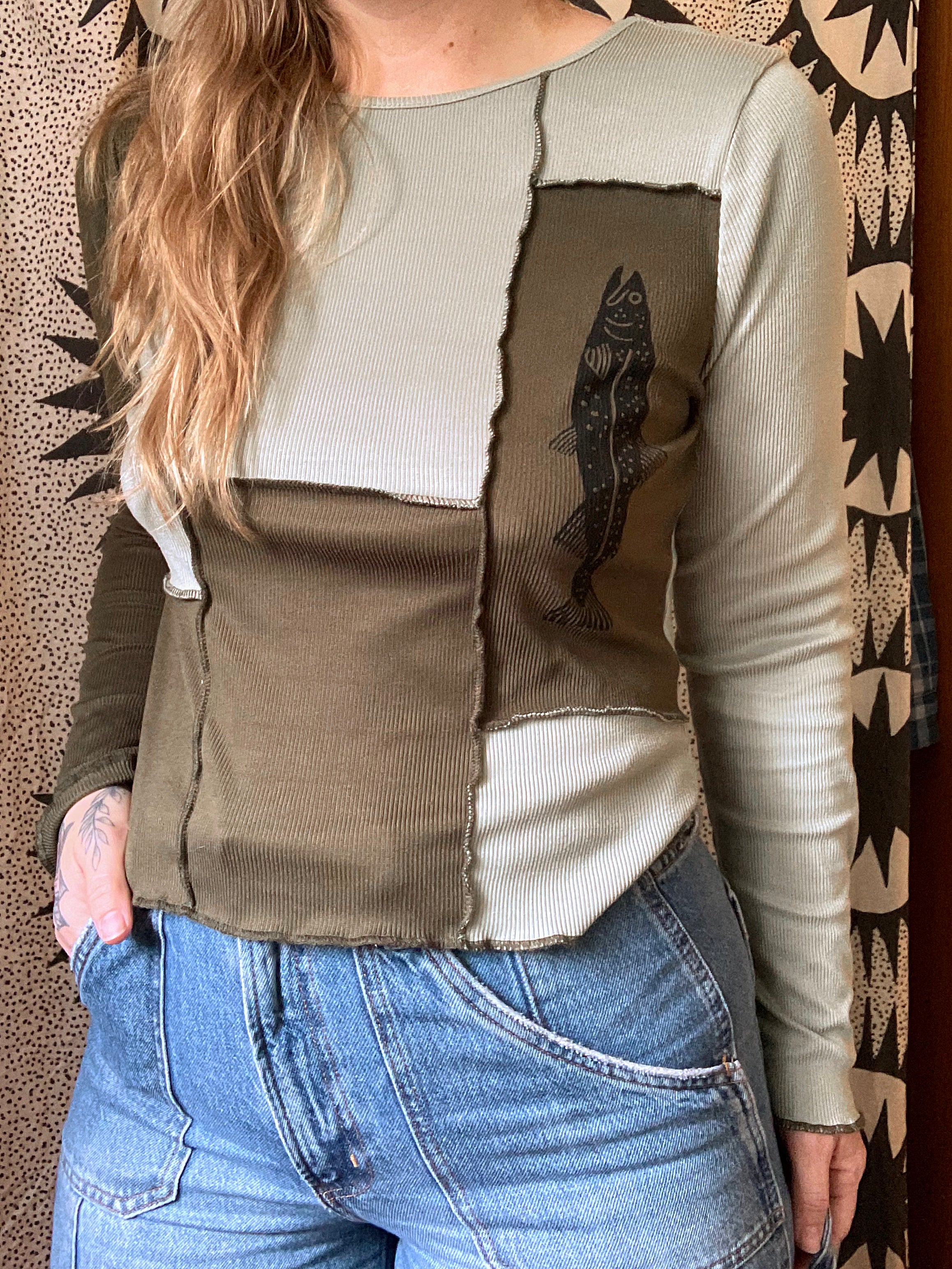 Green Patchwork Trout Long Sleeve Tee